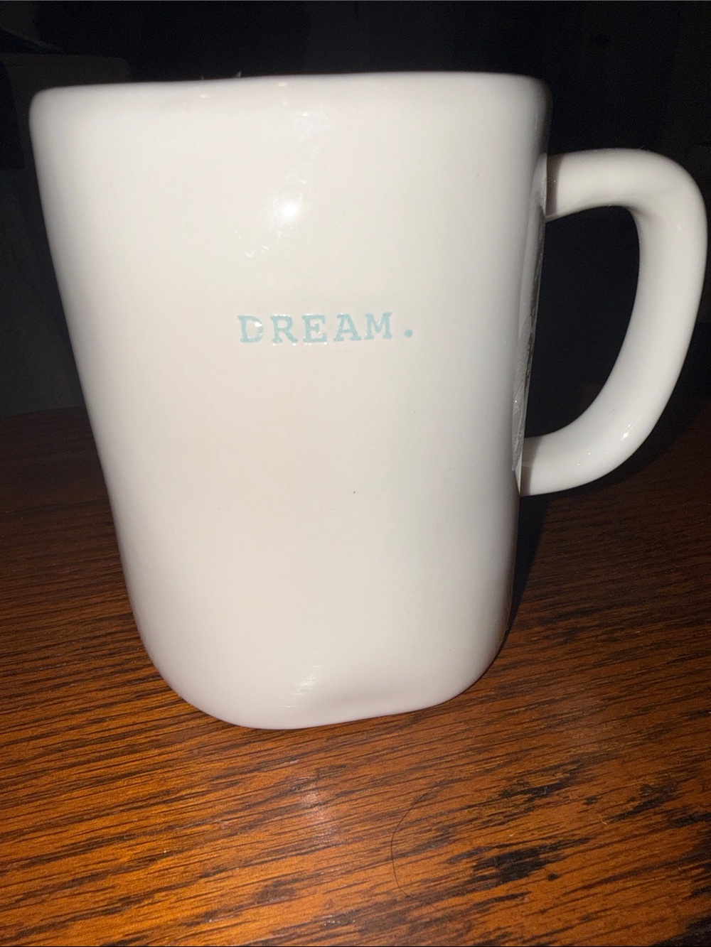 Rae Dunn White Ceramic Dream Mug with Subtle Teal Logo